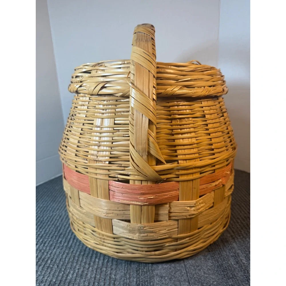 Vintage Woven Wicker Basket with Lid and Handle Round Natural Pink Accent 14in